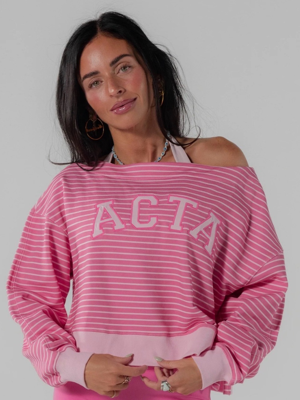 ACTA X KEN off the shoulder pink striped tee